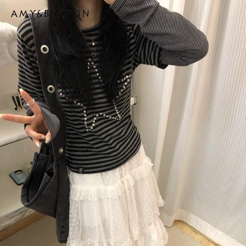 

Женская футболка из двух предметов в американском стиле ретро с длинными рукавами, осень-зима 2022, новые полосатые утягивающие футболки Y2K для женщин