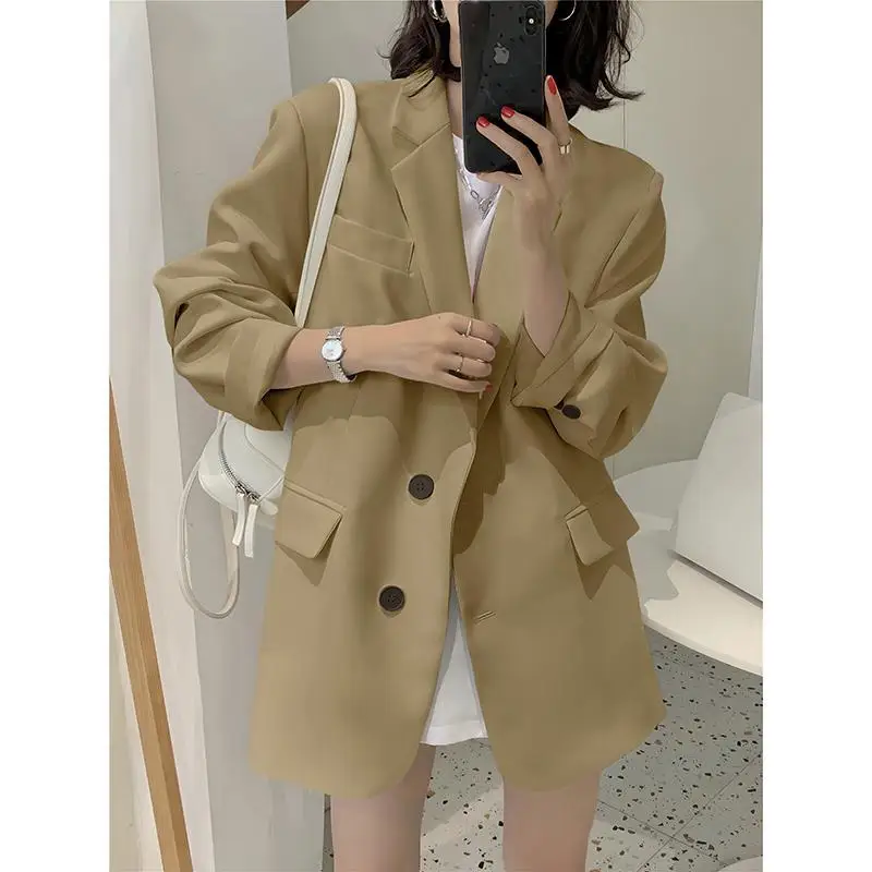 Primavera summerthin solto senhora do escritório elegante cor sólida blazers botão bolsos entalhados roupas femininas manga longa doce