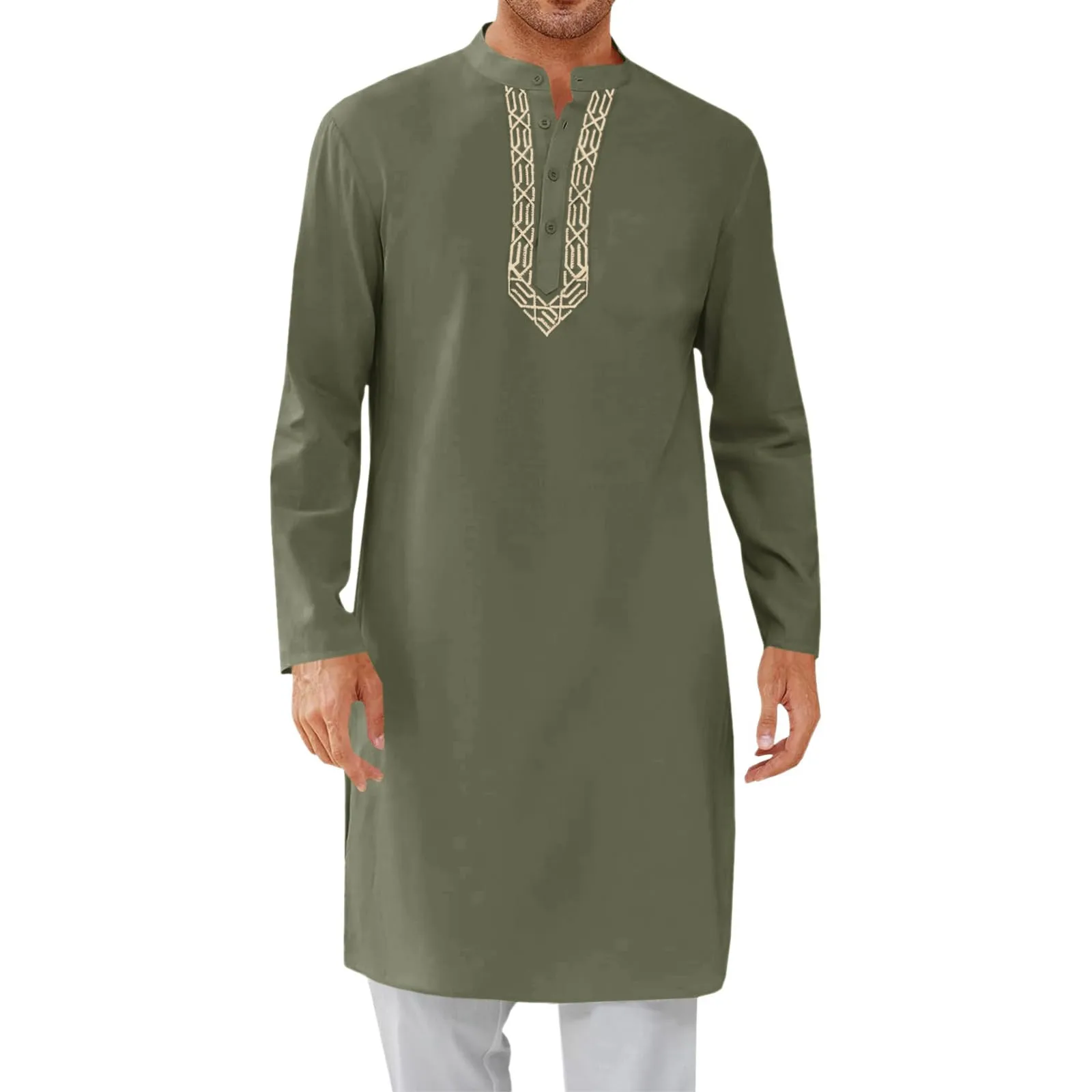 

Embroidery Mens Button Down Kaftan Casual Long Sleeve Jubba Thobe Saudi Arabia Dubai Islamic Clothes Robe Malaysia Djellaba