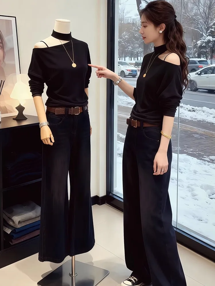 Black Half-High Collar Shoulder Bared Long Sleeve Base Shirt Women's Autumn Winter New Style High End Feeling Inner Wear Top