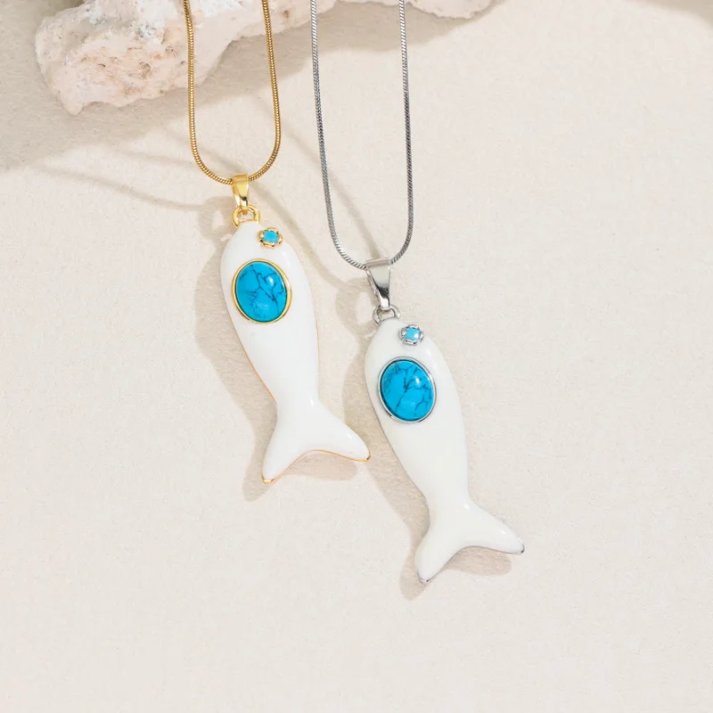 European and American New High-end Double-sided Oil Dripping Inlaid Blue Turquoise Fish Personality Simple and Versatile Pendant