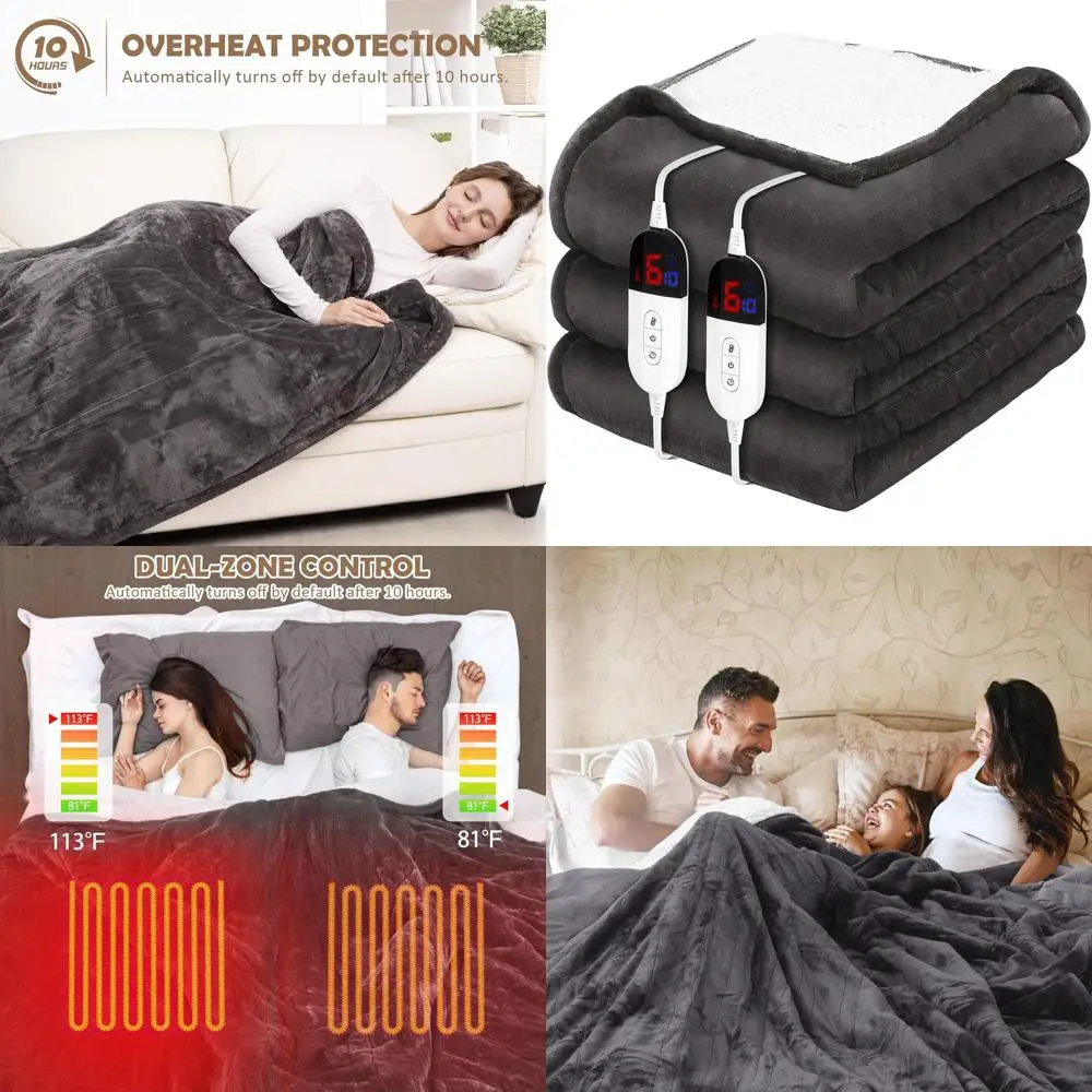 

King Size Electric Blanket 90x100 with Dual Controls, 10 Timers, 6 Heat Levels, Overheat Protection, Flannel Sherpa, ETL Certifi