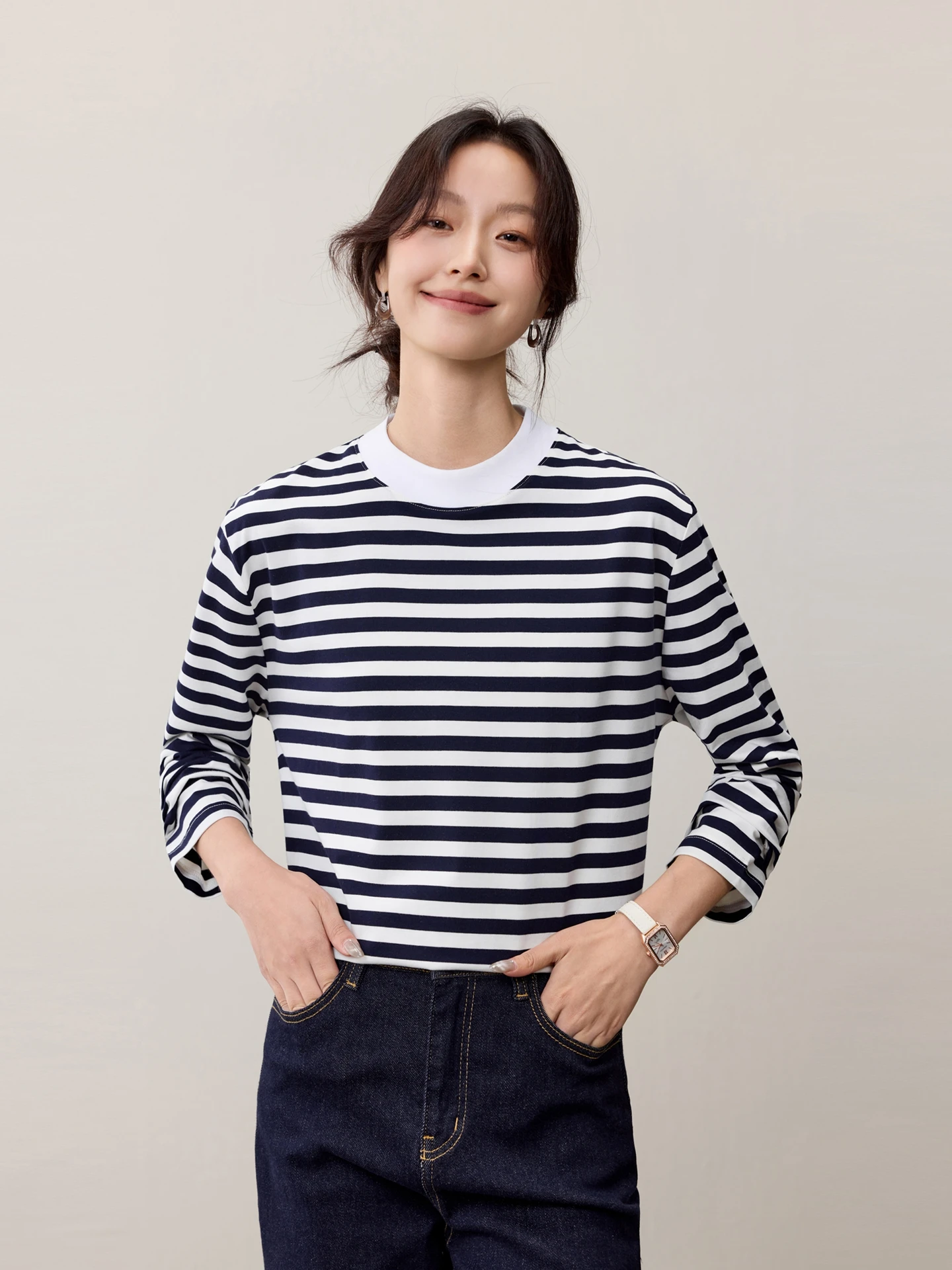 

Женская свободная футболка с длинным рукавом и круглым вырезом из хлопка в полоску, базовая модель для похудения, модный топ