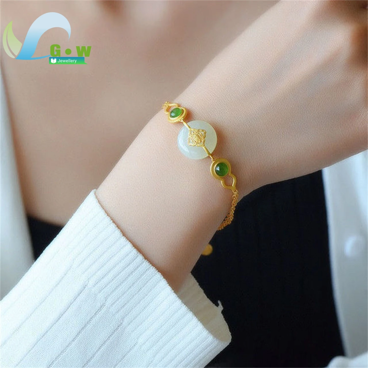

Древний китайский традиционный тыквенный удача, натуральный нефрит, позолоченный 18 карат, безопасная застежка, женский элегантный браслет