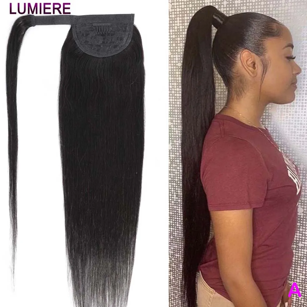 Ponytail Long Bone Straight Hair Wrap Around Brazilian  Virgin Raw Clip Ins Human Hair Extensions Natural Color Hairpiece