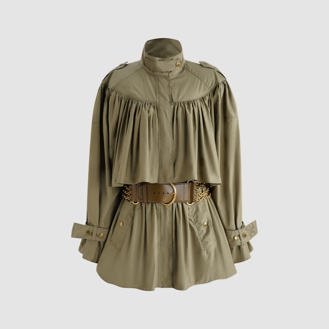 2026 Olive Green Cinched-Waist Trench Coat – Puff Sleeve Military Style Jacket with Gold Chain Belt Detail