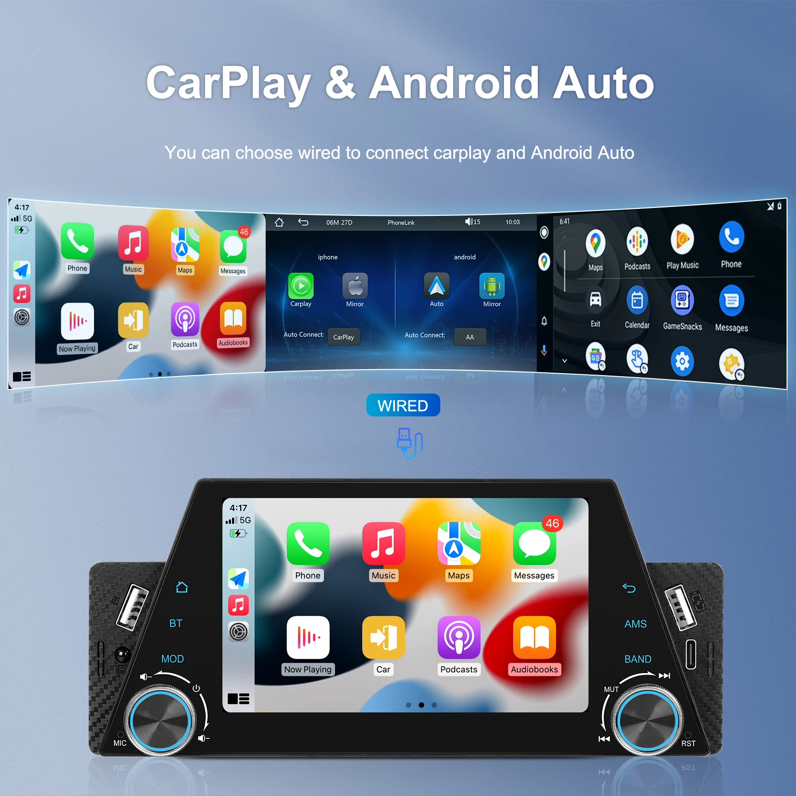 Podofo 1din Car Carplay Android auto Car Multimedia Player With Auto Navigation Display Mirrorlink 5inch MP5 Player BT/FM