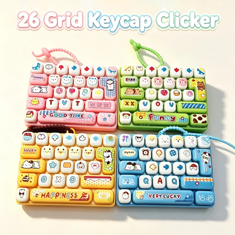 26-Key Fidget Keyboard Clicker Keychain Cute Cartoon Sensory Toy Stress Relief Portable Bag Pendant for Teens Party Novelty Gift