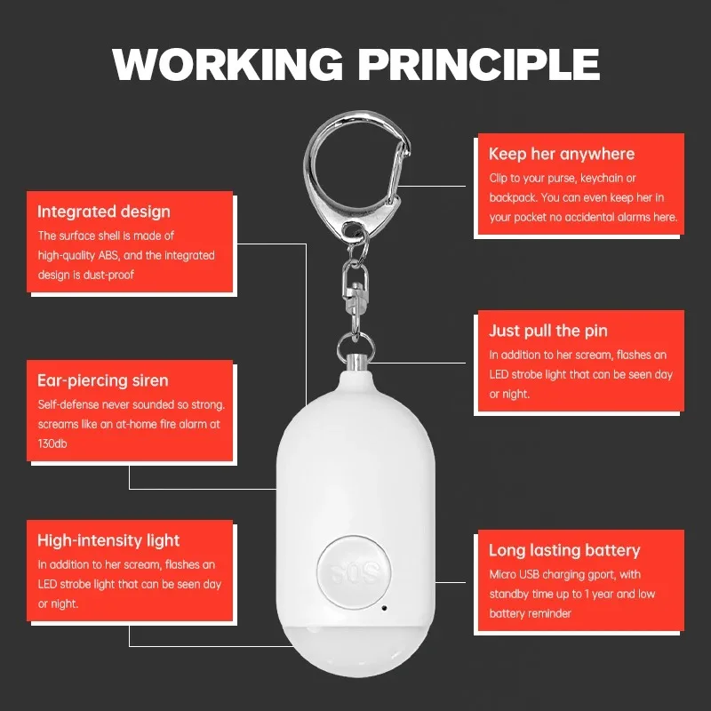 개인 SOS 방어 경보 130dB LED 조명 충전식 자기 방어 여성 안전 경보 열쇠 고리 비상 방지 공격