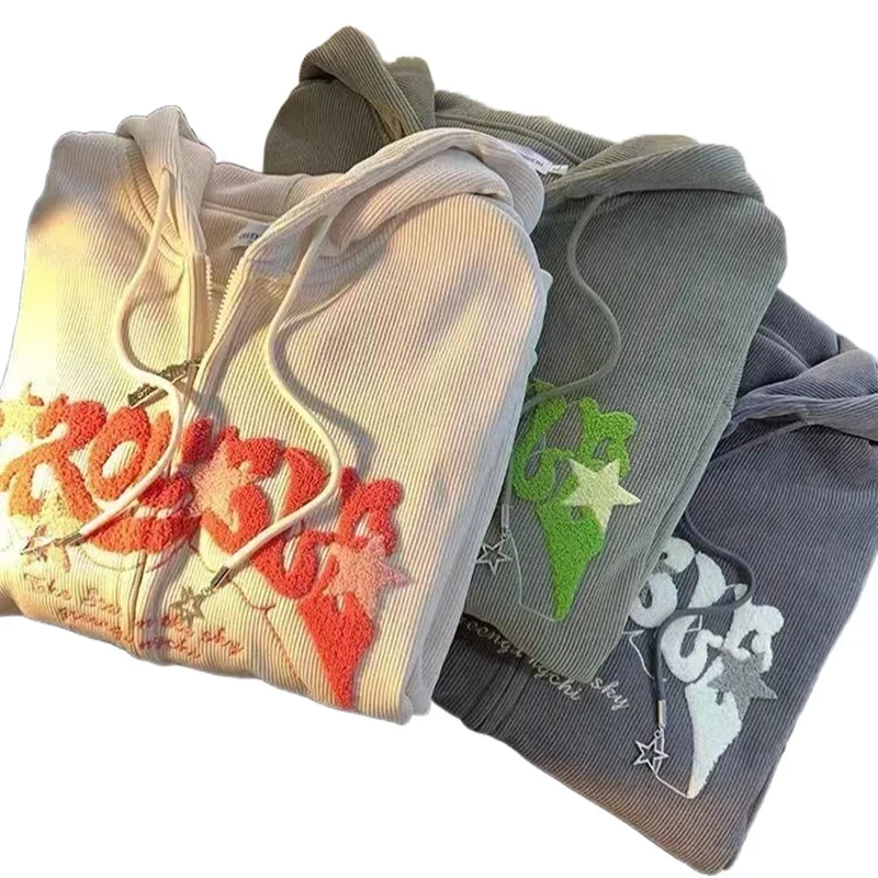 Felpe con ricamo retrò da donna autunno inverno Zip Up manica lunga giacca allentata cappotti Y2K felpe con cappuccio tasca Casual