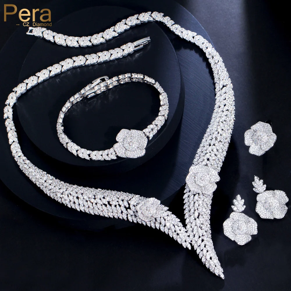 

Pera Luxury 4Pcs Bridal Wedding Party Jewelry Sets Clear White Gold Color CZ Long Drop Flower Necklace Earrings for Women J559