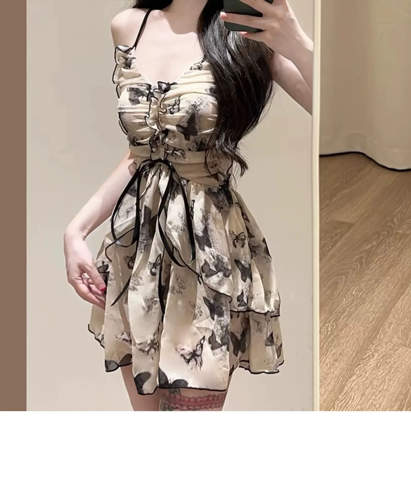 sexy Korean fashion conservative swimsuit one piece vintage butterfly print mini dress culottes bikinis padded swimwear biquini