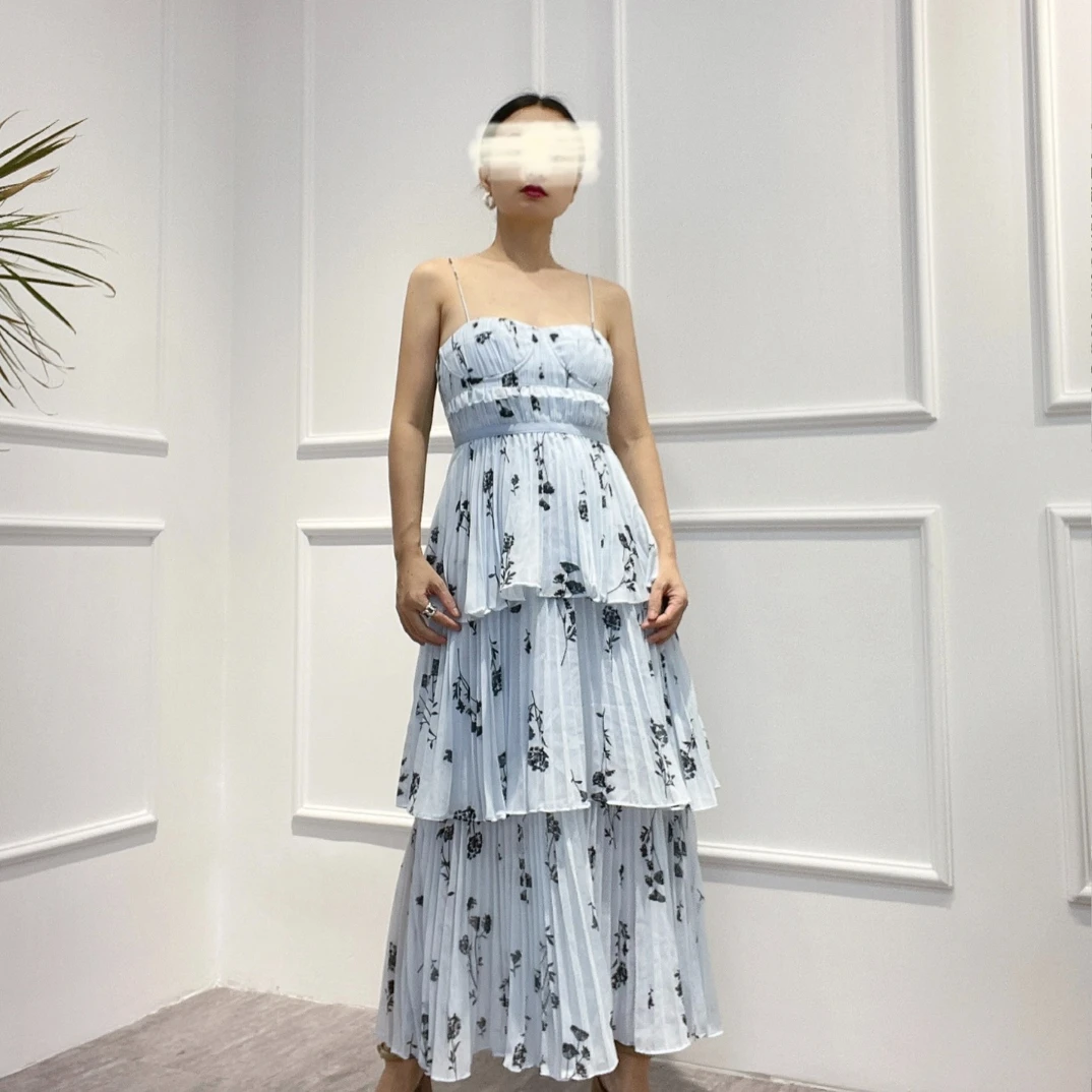 

2022 Female Summer Floral Plants Print High Quality Tiered Edible Tree Fungus Sky Blue Midi Pleated Spaghetti Strap Dress