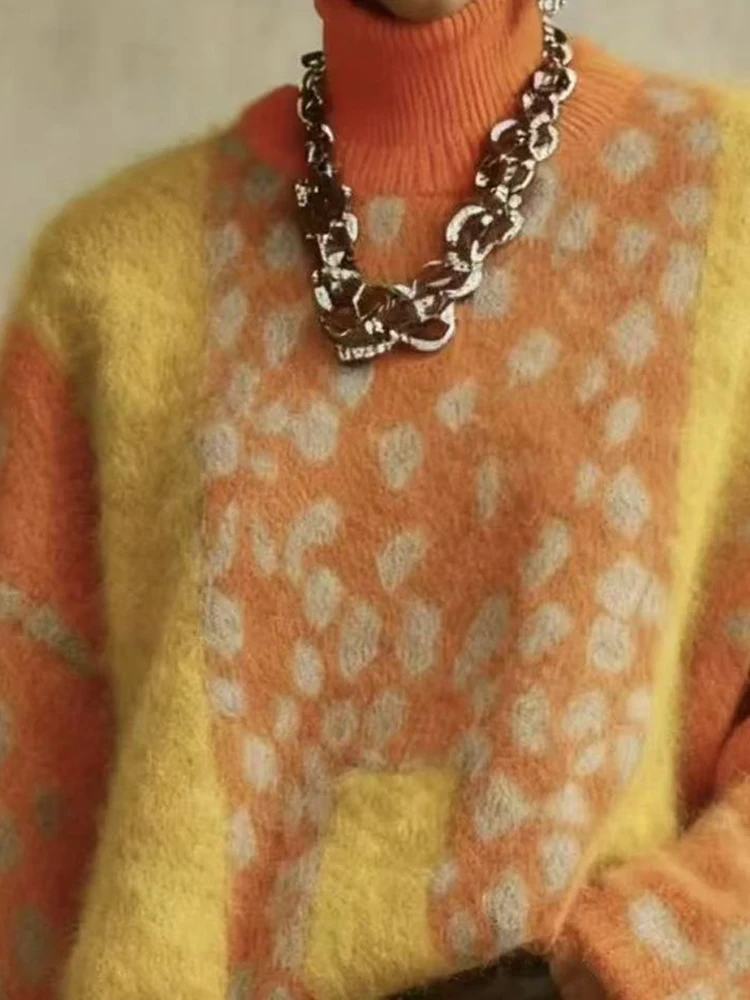 

Autumn Elegant Turtleneck Knitted Sweater Vintage Leopard Print Patchwork Pullover Tops Winter Casual Long Sleeve Women Jumper