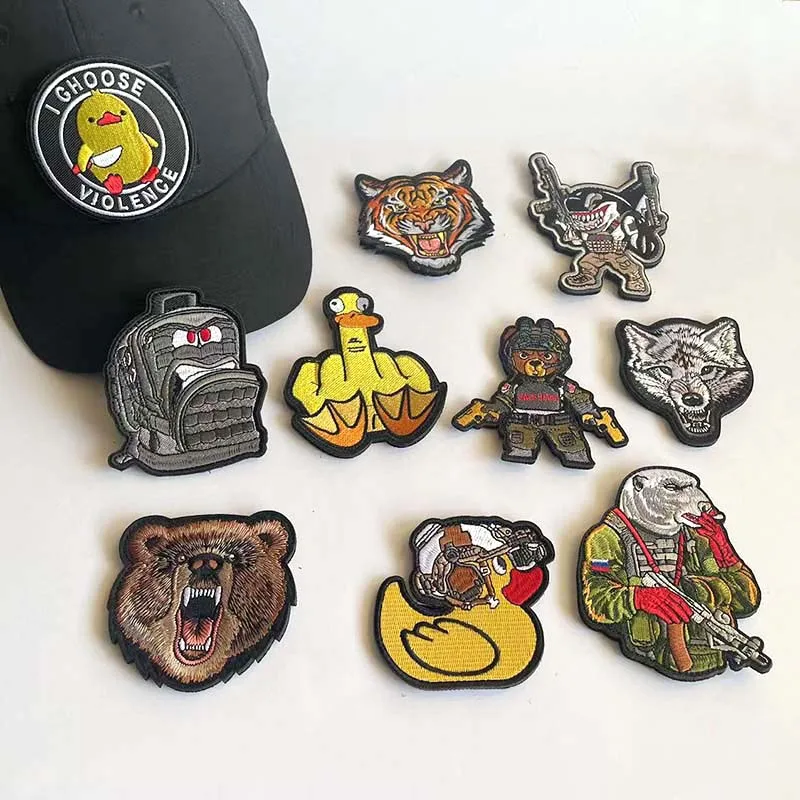 Bear,Shark,Tiger,Wolf,Duck Fabric Badges Embroidered Applique Hook and Loop Patches,Funny Military Stickers Tactical Emblemen