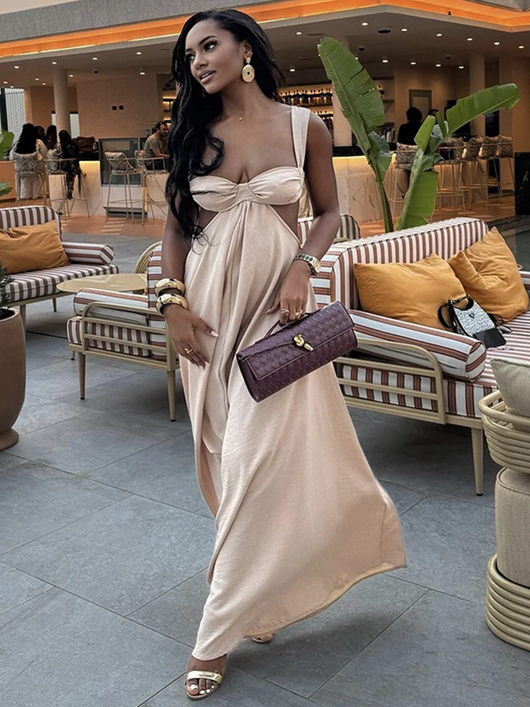 Lange zomerjurk met korte mouwen, damesriem, mouwloze jurk, beige uitgesneden taille, sexy en elegante bh voor rugloze jurk