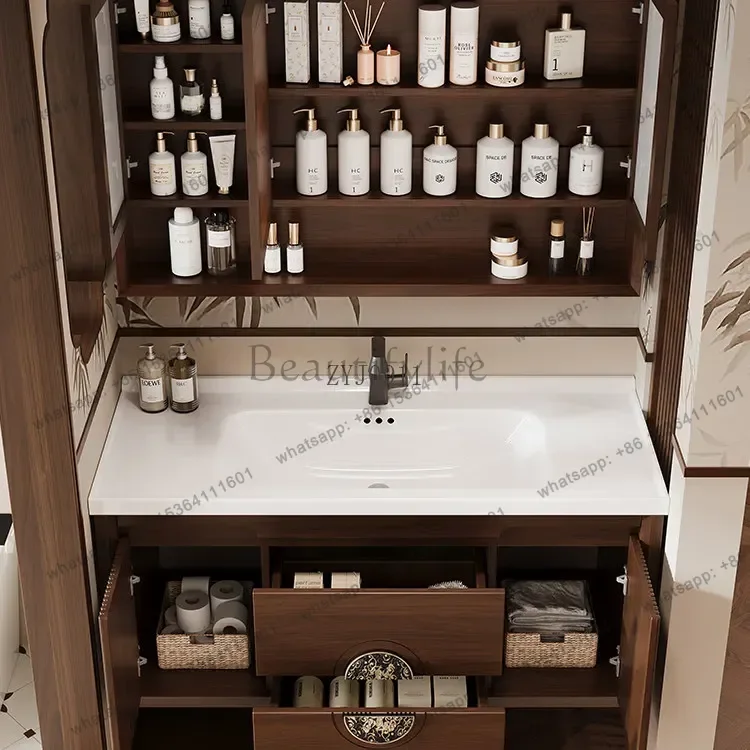 New Chinese rubber wood bathroom cabinet combination floor-to-ceiling ceramic basin toilet washstand cabinet