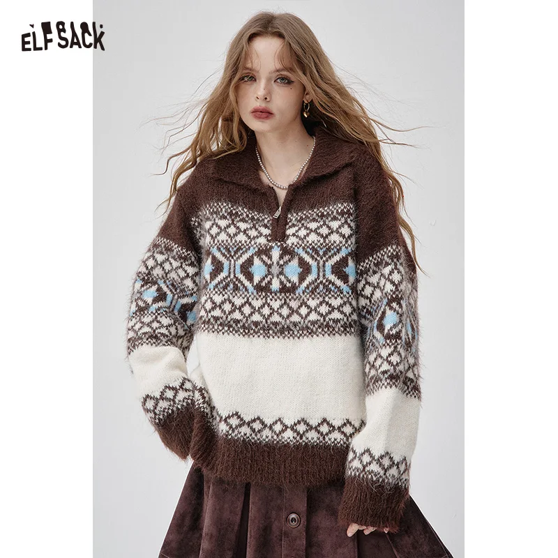 ELFSACK Women's Fair Isle Cardigan High Neck Loose Fit Winter Romantic Cottagecore Sweet Wool Blend Cozy Sweater
