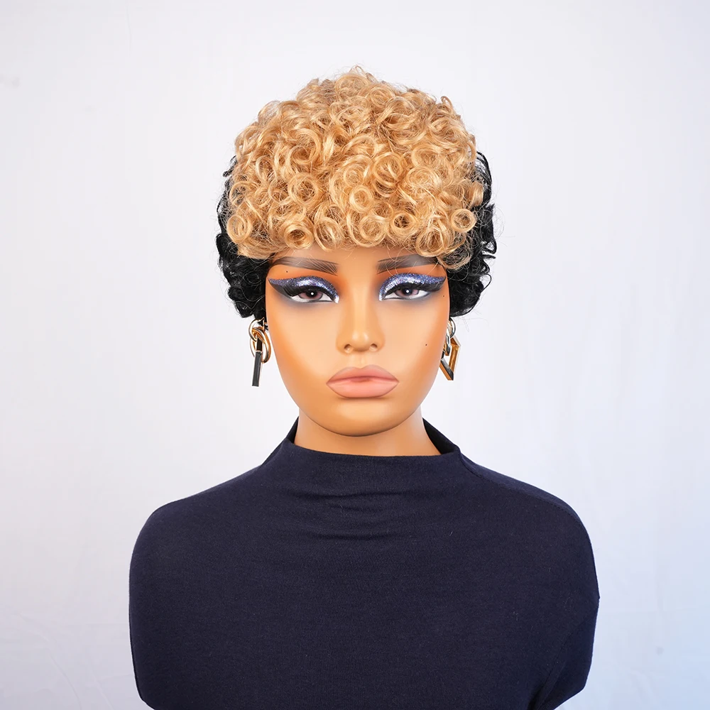 شقراء أومبير قصيرة عابث قطع شعر مستعار غريب مجعد الباروكات مع خط الشعر قبل قطعها للنساء السود كامل آلة صنع قبعة الشعر البرازيلي