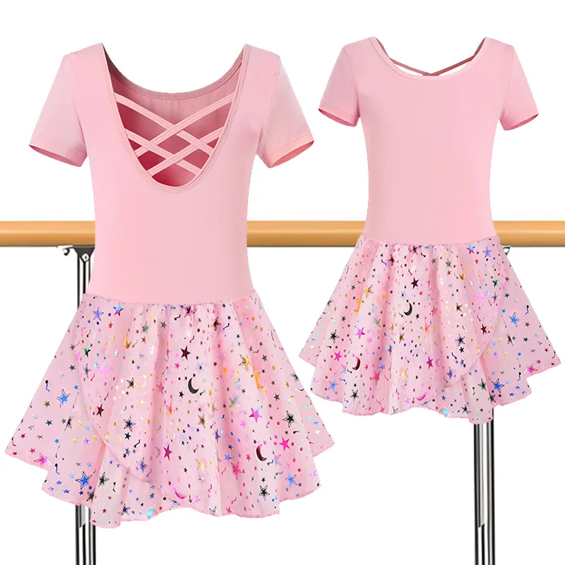 Girls Short Sleeve Dress Ballet Dance Leotards for girl Gymnastics Dance Skirts with Shiny Sequins and Crisscross Back