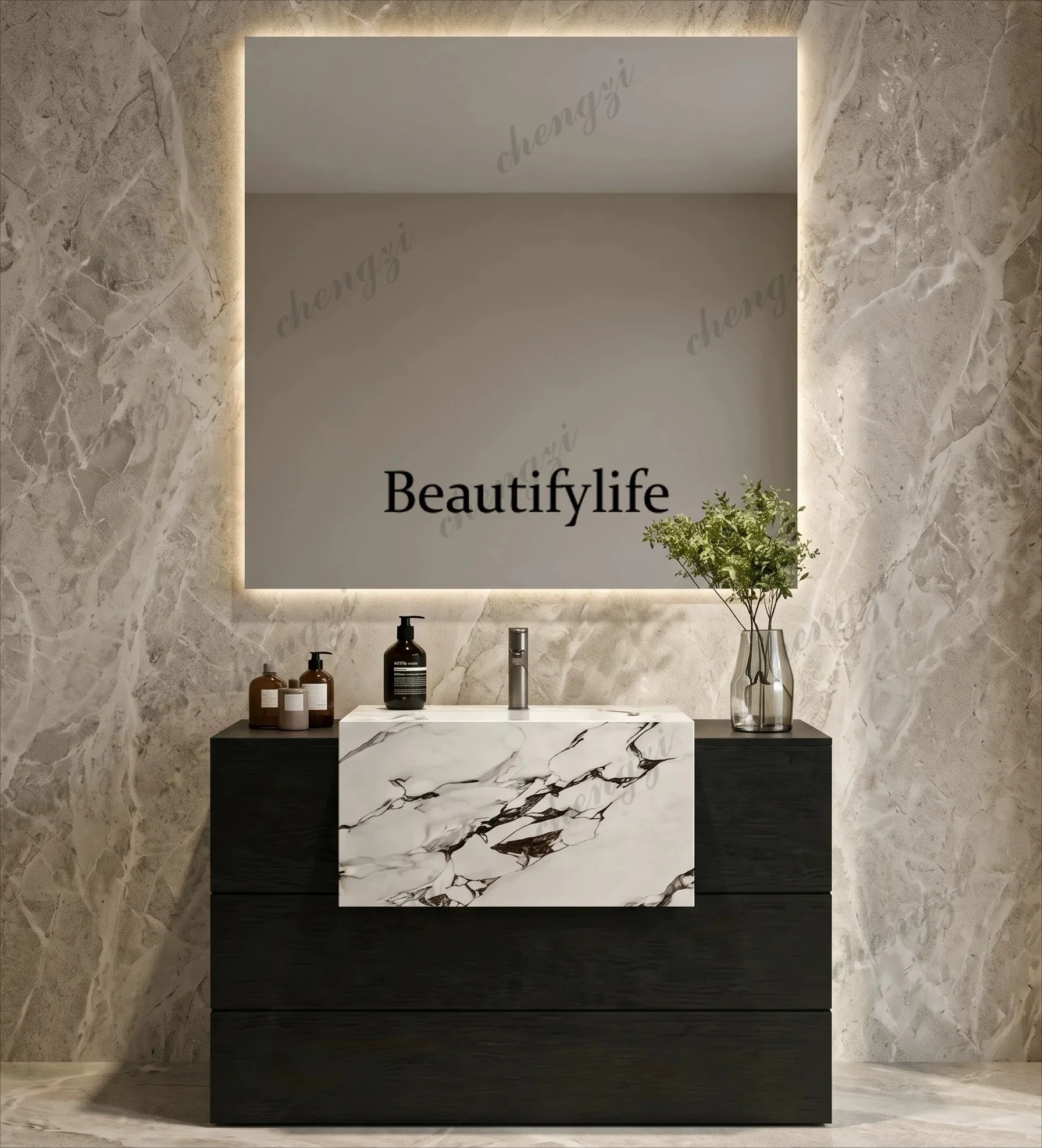 A4567 Bed and breakfast hotel wind bathroom cabinet rock slab integrated basin floor cabinet  multi-layer solid wood washbasin