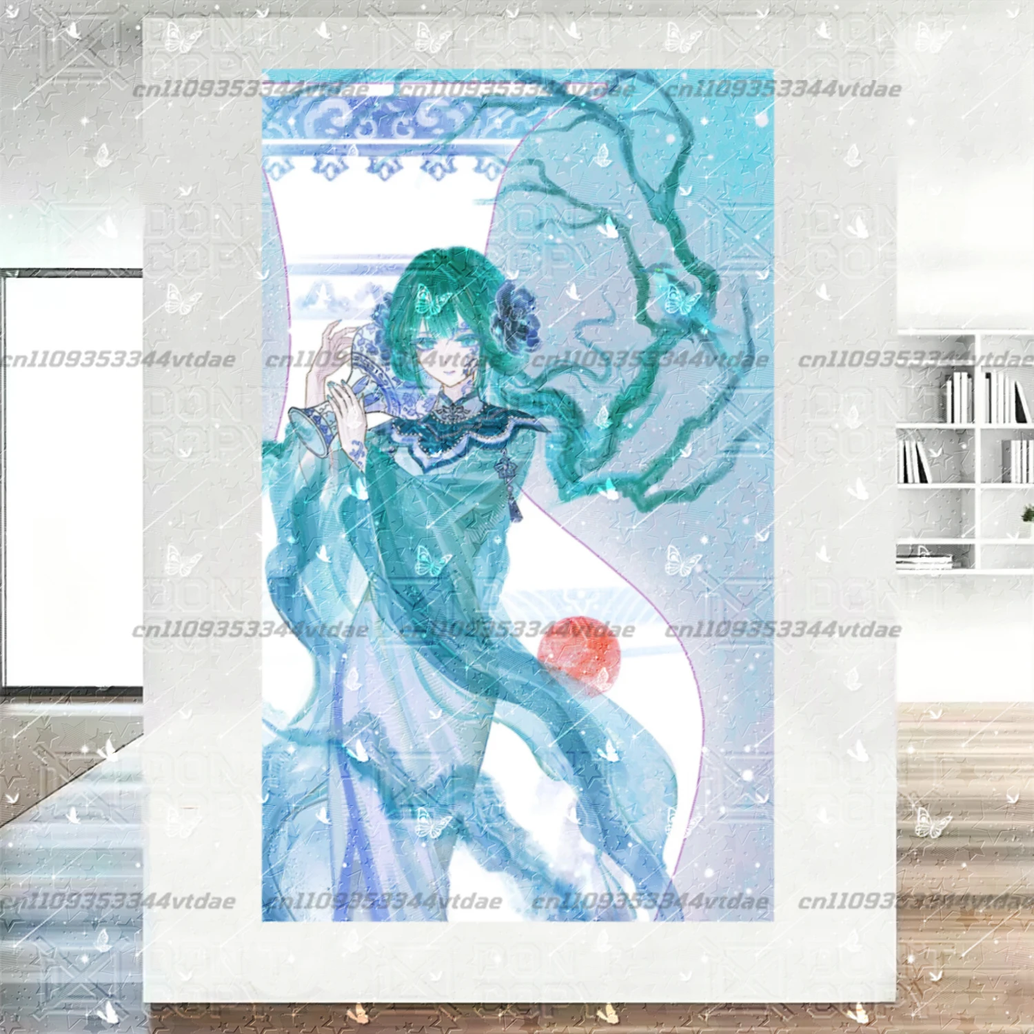 Oriental Ancient Style Tapestry Blue Porcelain Vase Butterfly Anime Girl Art Wall Cloth Aesthetic For Teen Room Home Wall Decor