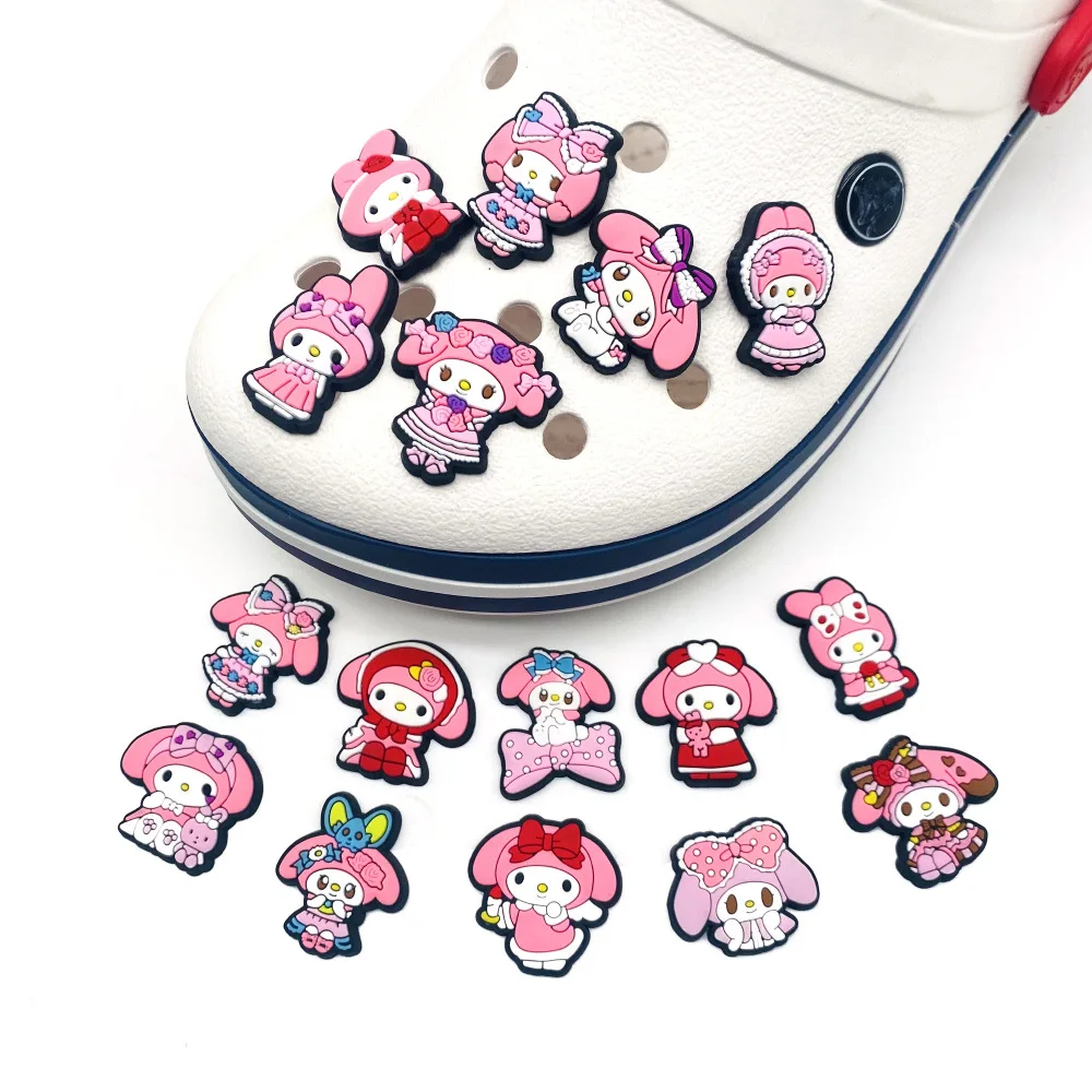 16pcs set Cute Melody series PVC Shoe Charms Pink Bow Kawaii Rabbit Detachable Clog Shoe croc Decor DIY Accessories Gift