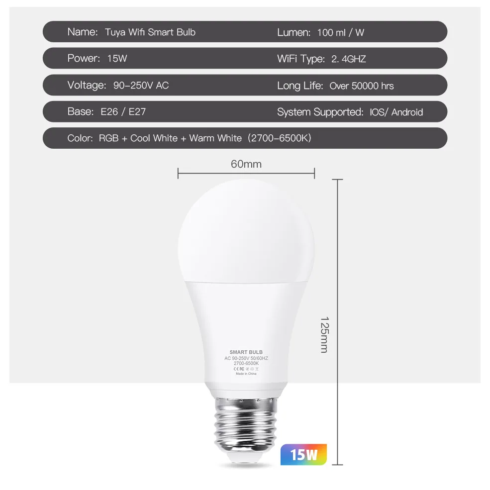 Tuya WiFi Smart Light E27 15W LED Lamp RGB+White+Warm White Work with Alexa/Google Home Dimmable Timer Function RGB LED Bulb