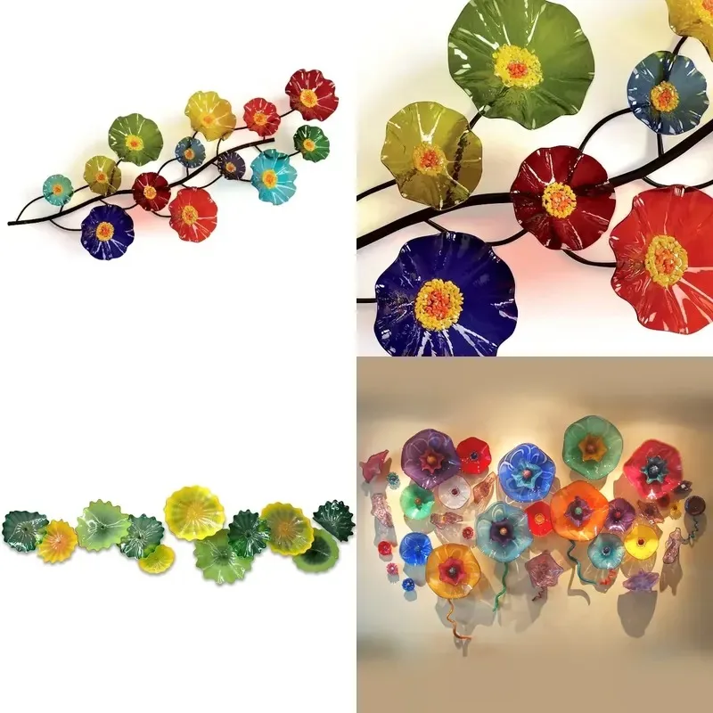 Metal Branches Floral Art Wall Trim Vines Multi Colored Large Stained Glass Flowers for Wall Decoration
