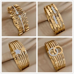 AENSOA Multiple Vintage Inlaid Rhinestone Zircon Stainless Steel Wide Bangles Bracelets for Women Unique Charm Chic Accessories