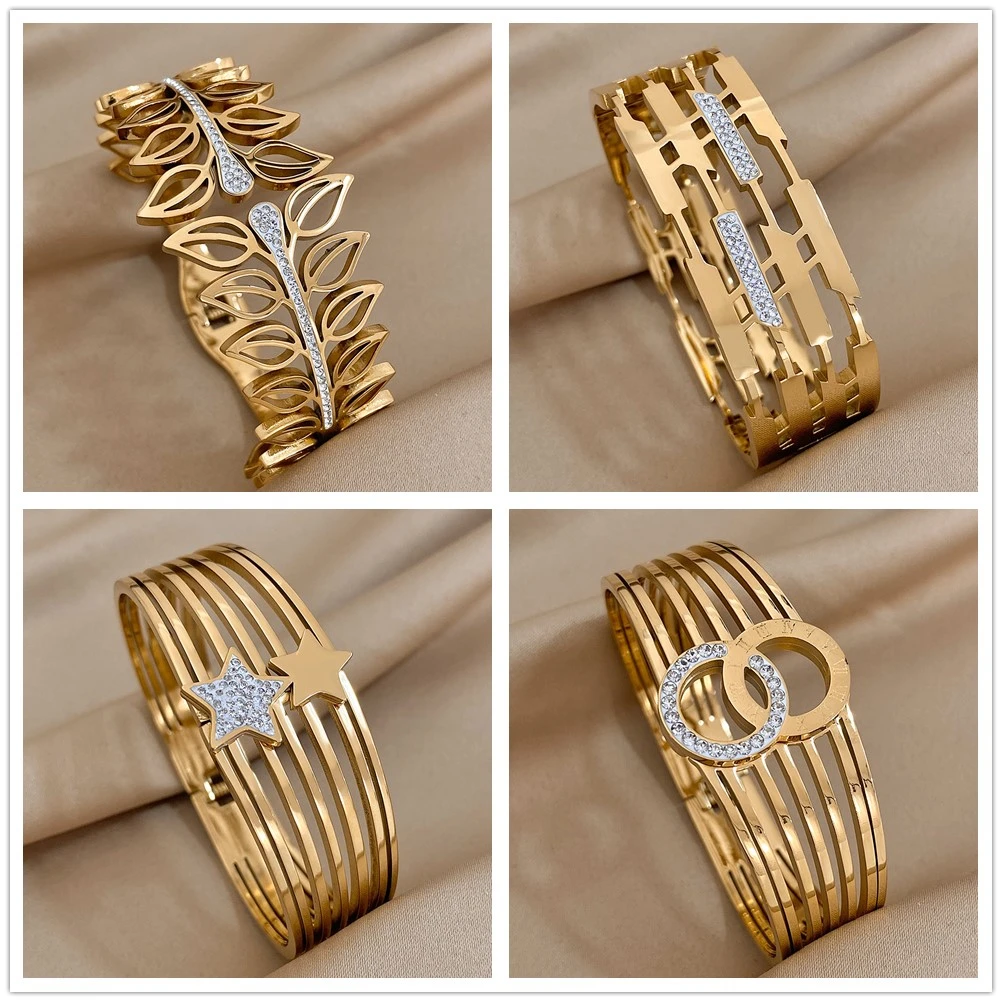 AENSOA wiele Vintage inkrustowane Rhinestone cyrkon szerokie bransoletki ze stali nierdzewnej bransoletki dla kobiet unikalny urok eleganckie akcesoria