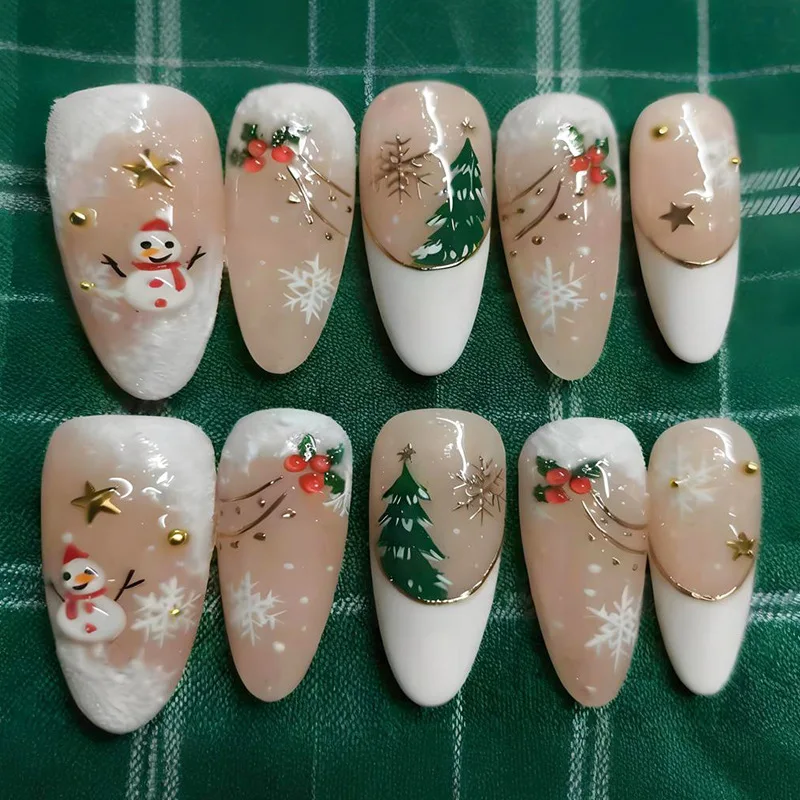 24PCS Snowman Snowflake Christmas Nails Stars French Style Christmas Tree Press on Nails Festive Wearable Fake Nails Set Маникюр