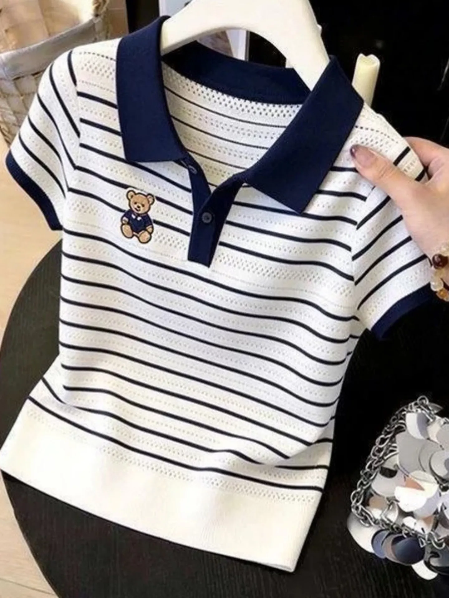 Outlet Guangzhou Thirteenth Factory Color Block Stripe Bear Embroidery Short Sleeve Women's Ice Silk Knitted Top Summer T-Shirt