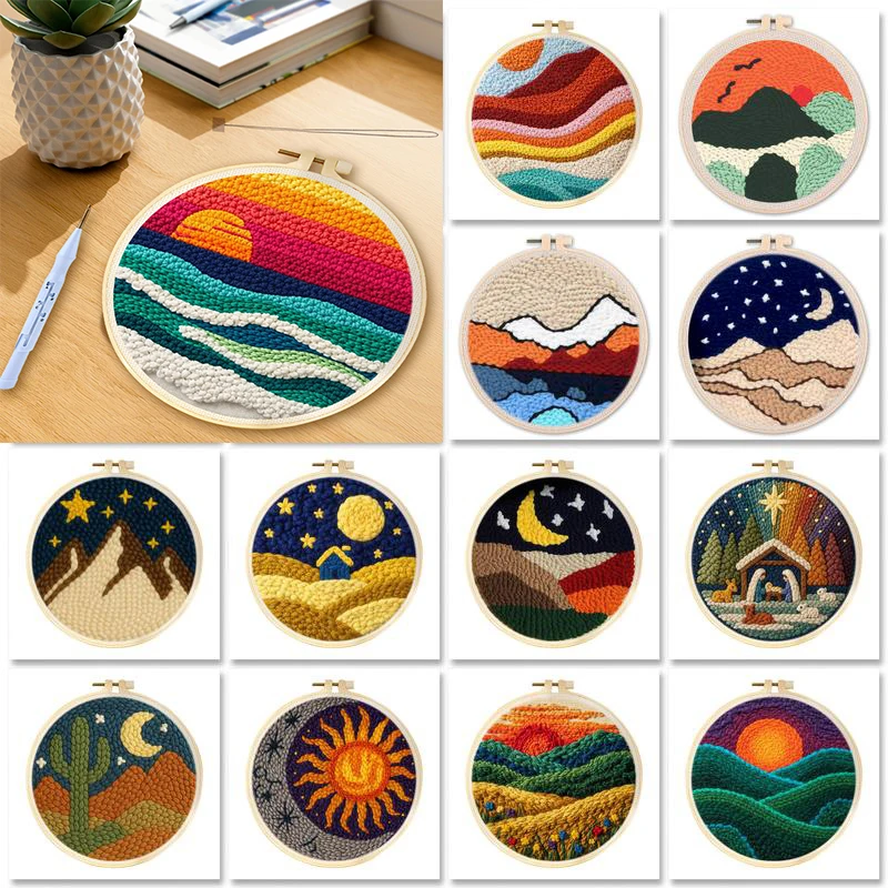 

DIY Punch Needle Embroidery Kit with Yarn Landscape Pattern Starter Kit Magic Tufting Set Poking Cross Stitch Tools For Knitting