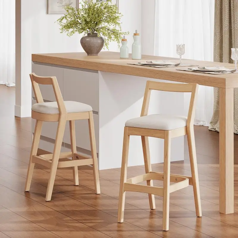 Natural Rubberwood Barstool with Beige Upholstery, Set of 2, Perfect Addition for Kitchen or Dining Room