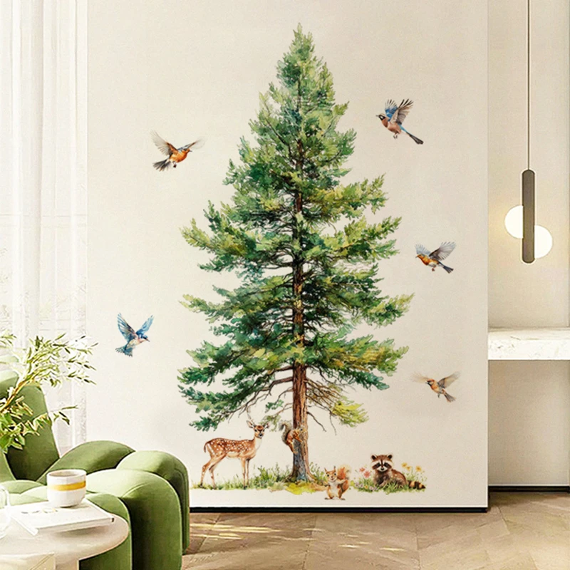 Forest Animals Wall Stickers Bigger Pine Tree Cute Fox Deer Squirrel Bird Vinyl Decals for Home Nursery Room Decor DIY Art Mural