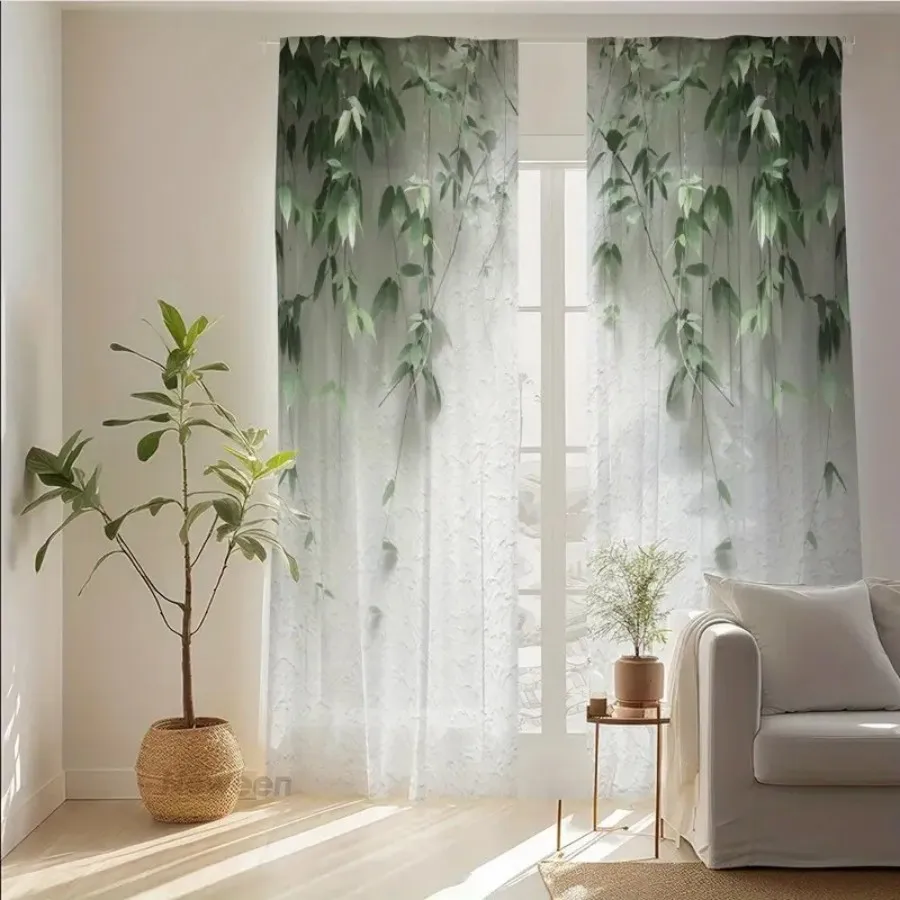 2PCS Digital Print Sheer Curtain, Green Leaves White Wall Minimalist Botanical Window Drapes for Living Room Bedroom Home Decor