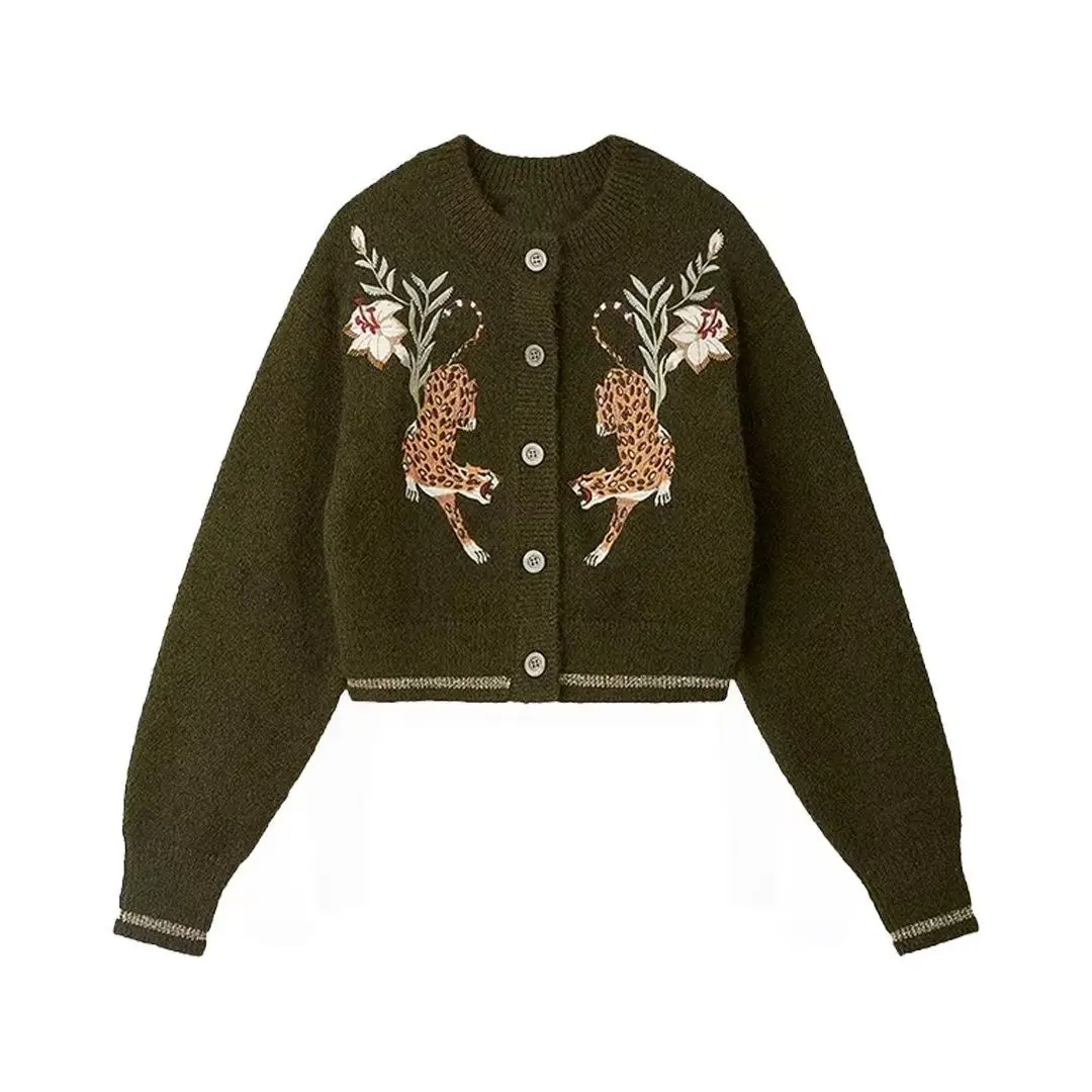 Roaring Tiger Embroidery Vintage Flower Knitted Cardigan Women O Neck Long Sleeve Single-breasted Sweater Knitwear Tops Autumn