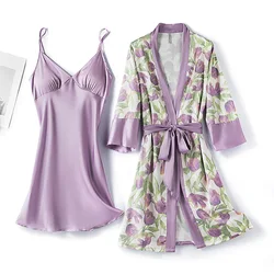 Ice Silk Women's Summer Thin Sexy Two-piece Set Sleepwear Long Sleeved Robe Set With Chest Pad Nightgown