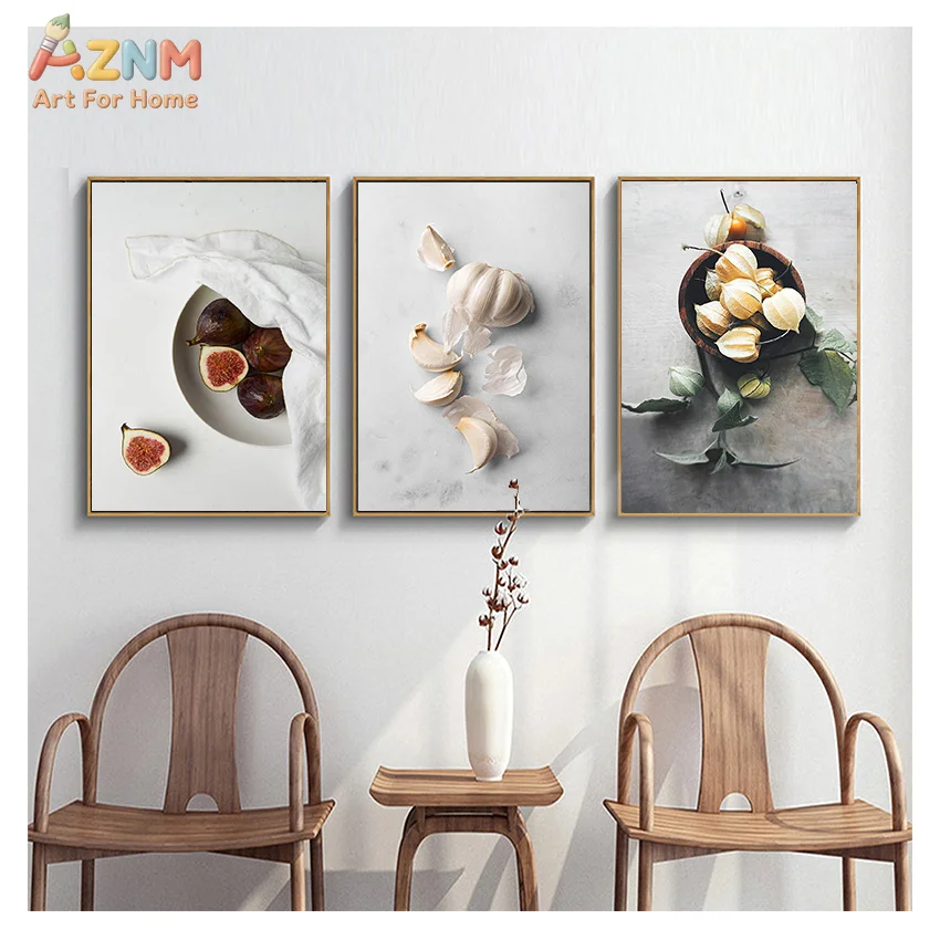 AZNM Minimalist Still Life Fruit Canvas Wall Art Fig Garlic Physalis Neutral Grey Food Photography Unframed Print For Kitchen Di