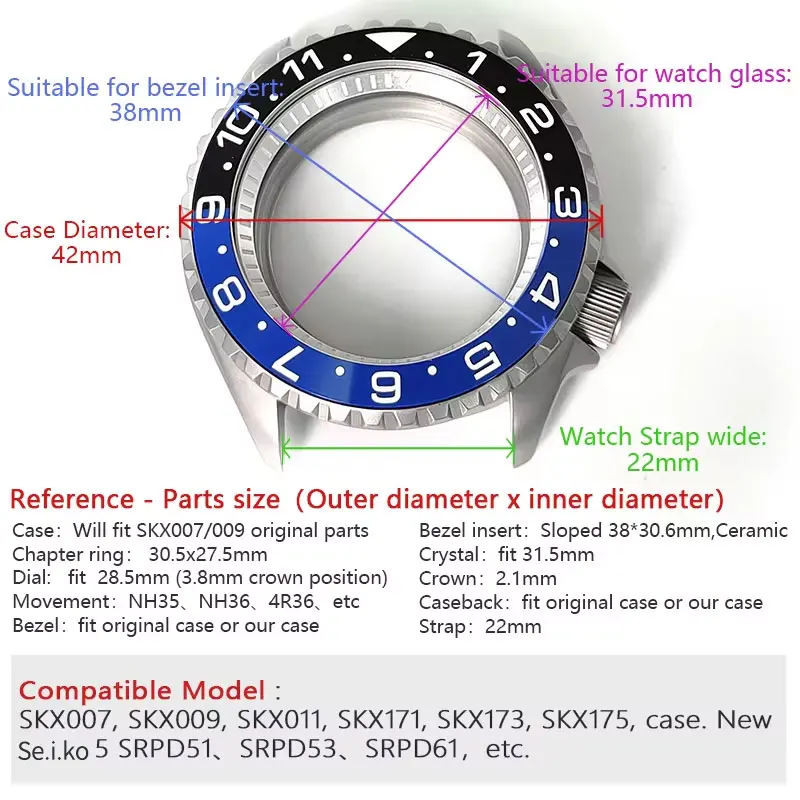 SKX 블랙 실버 스테인리스 스틸 시계 케이스, 42mm, 세라믹 베젤 삽입 사파이어 크리스탈 유리, SKX007 SKX009 NH35 모드 부품