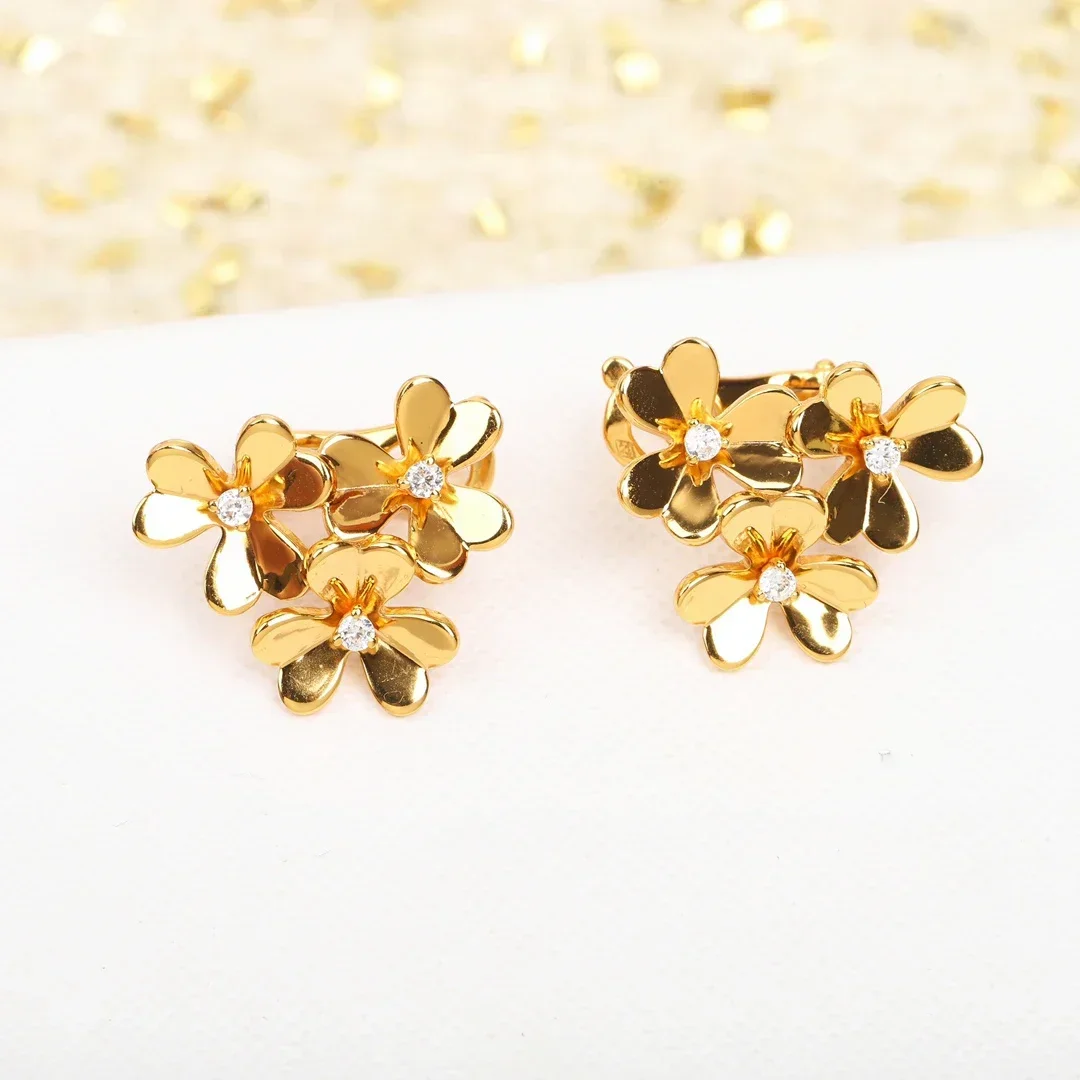 Europe Designer Brand Rose Gold Three Flowers Clover Luxury Earrings Women Top Quality Fine Jewelry Trend