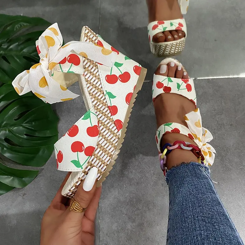 

New Summer Wedges Sandals Women Bowknot Platform Fruit Print Ribbon Shoe Female Casual Ladies Fashion Open Toe Sandal