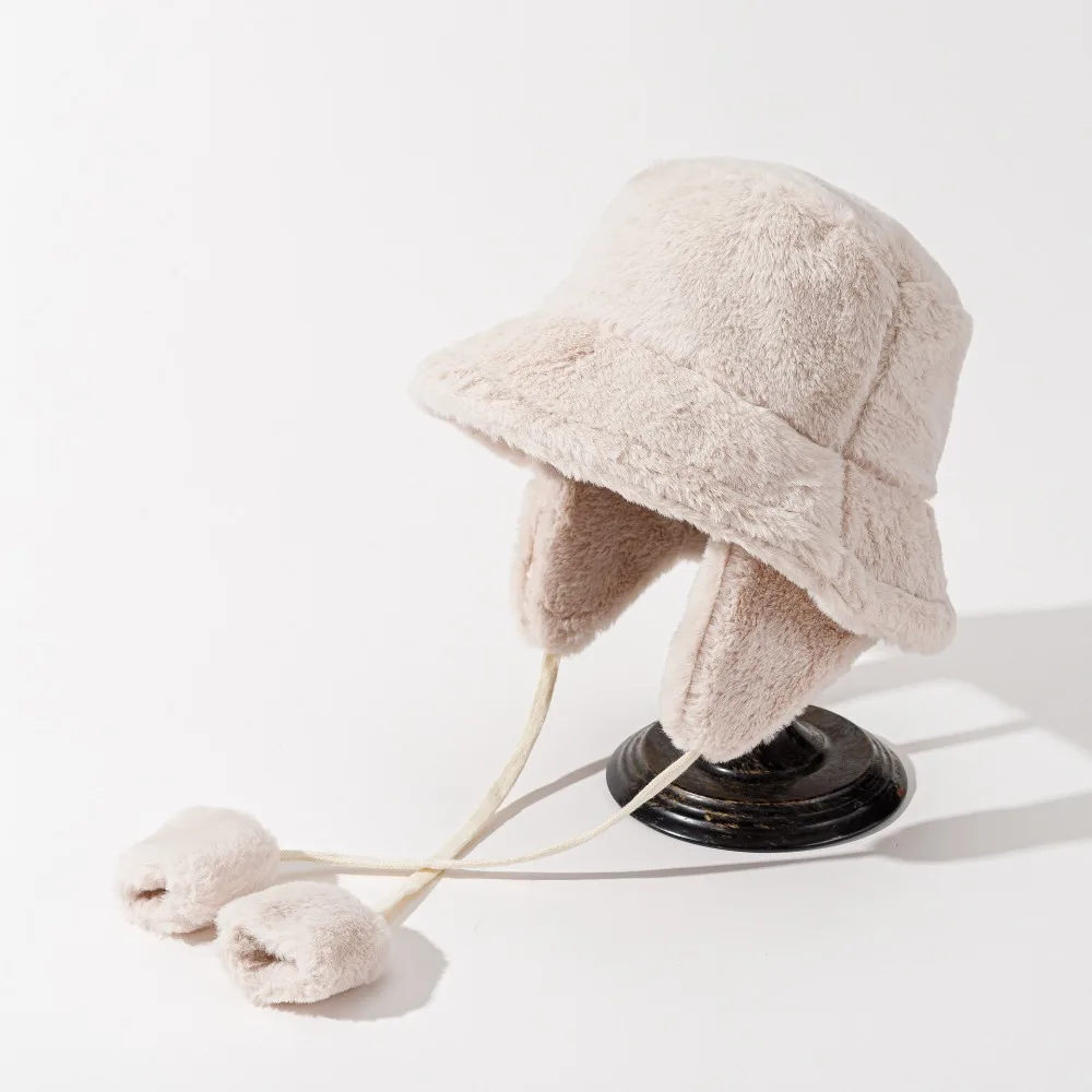 

Lamb Fur Cap Solid Color Plush Panama Hat Warmer Anti-cold Plush Bucket Cap Windproof Soft Ear Protection Cap Women