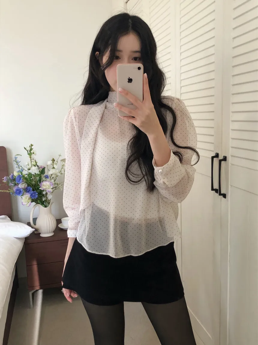 

Women's Loose Fit Polka Dot Shirt Stand Collar Transparent Thin Style Age Reduction Layering Base Top Korean Style Cotton Pol...