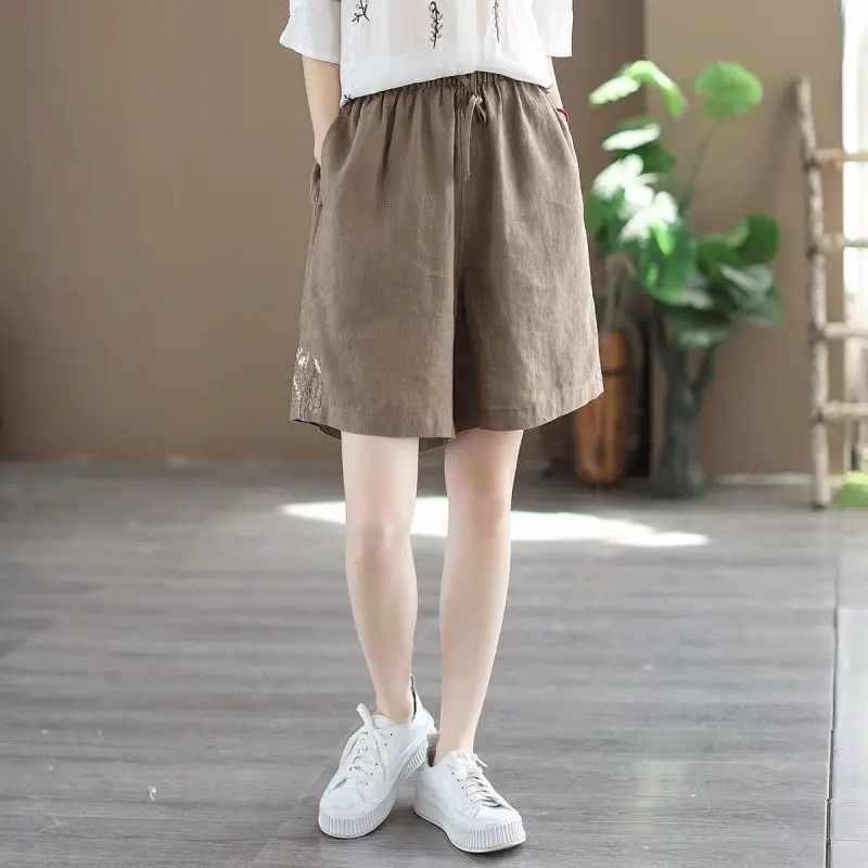 Women Summer Simplicity Loose Embroidered Cotton and Linen High Waist Wide Leg Women Clothes Casual All-match Appear Thin Shorts