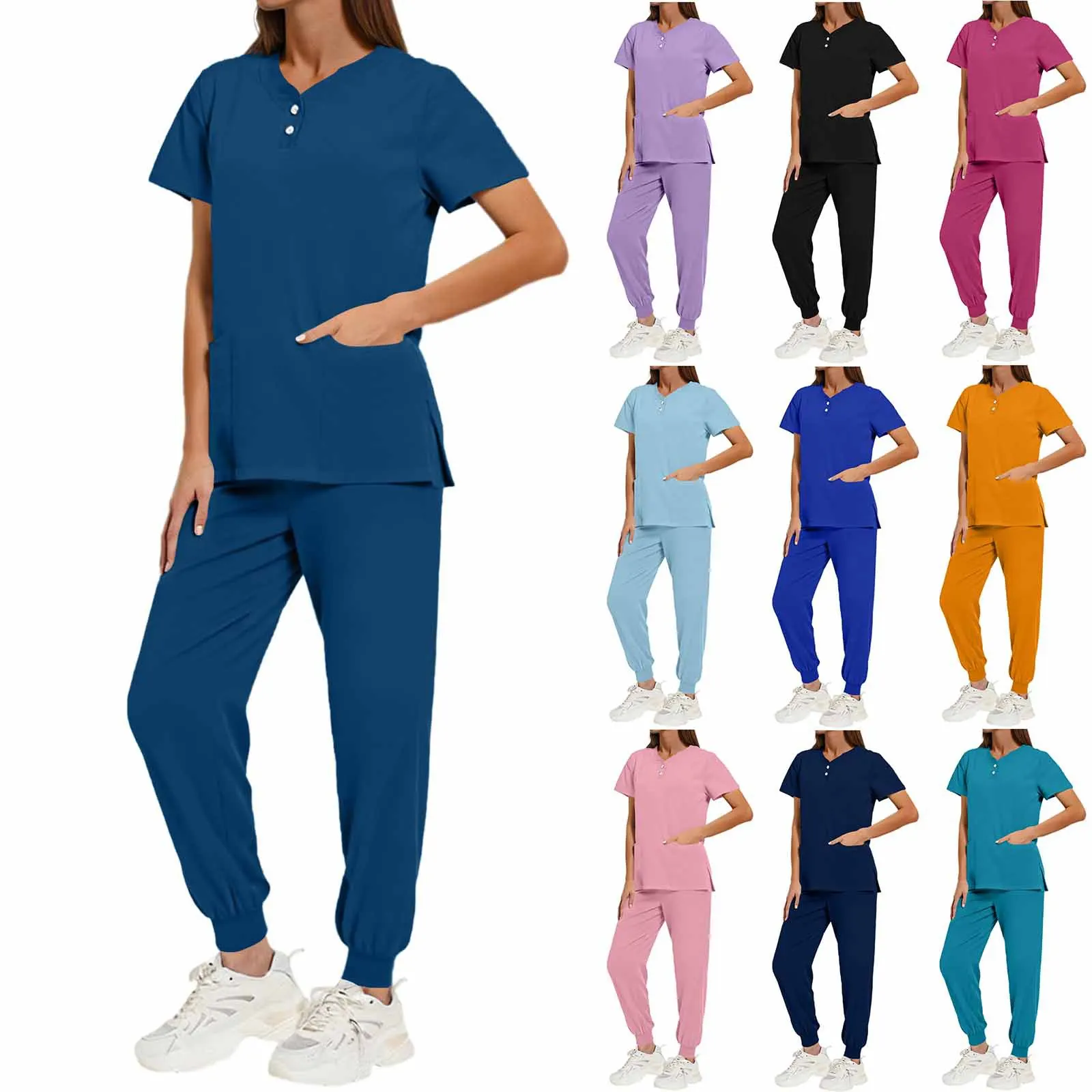 

Женский униформенный костюм YHOPEN: быстросохнущая ткань, V-образный вырез, карманы, короткий рукав, брюки