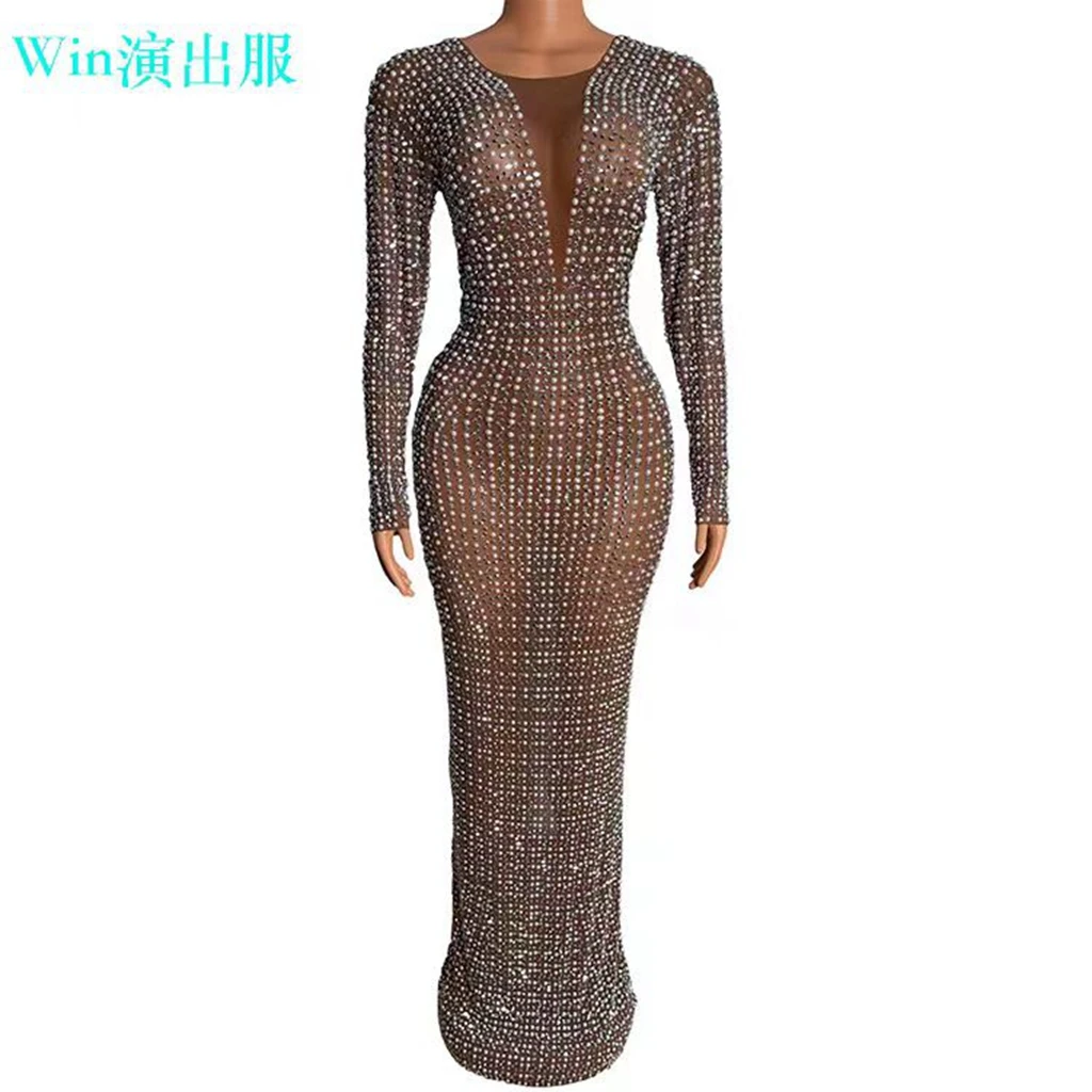 

Diamond Pearl Perspective Slimming Sexy Hip hugging Long Dress Model Stage Show Clothing Holiday Party Female Singer Costume