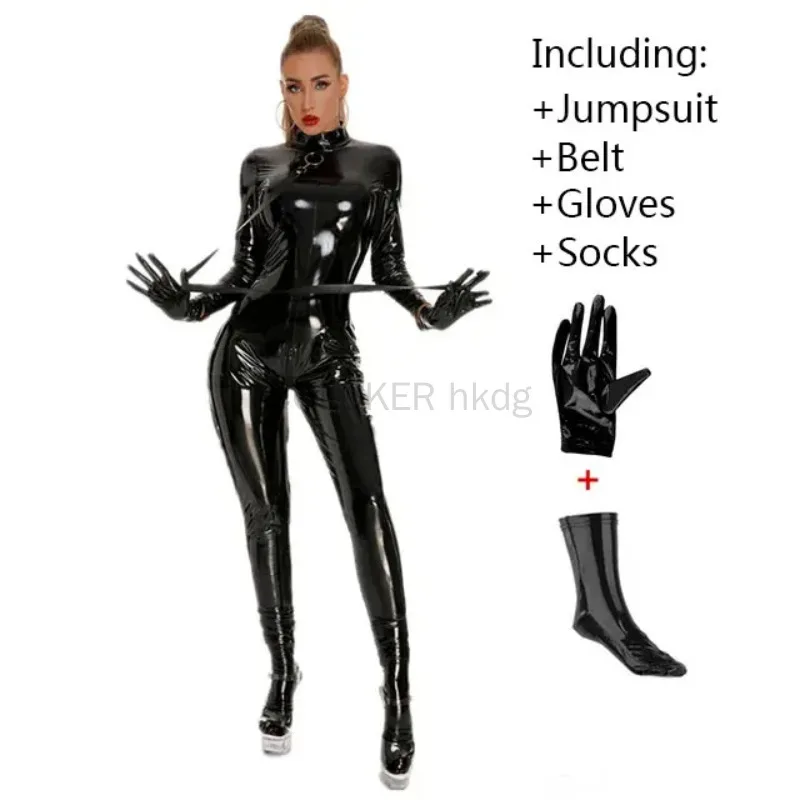 

Women's Latex Catsuit Sexy Zip Open Crotch Patent Leather Bodysuit Metallic Jumpsuit Party Clubwear Skinny Stretch Pvc Costume