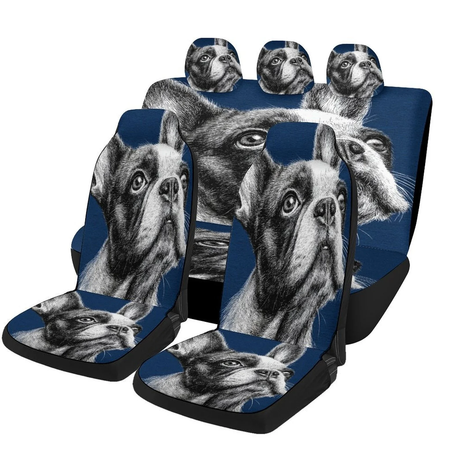 French Bulldog Portrait Designed Car Seat Cover Set For Most Cars, Trendy Novelty High-quality Car Seat Protector Covers Full Se